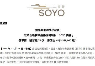 益兆与俊和携手发展 旺角全新精品型格住宅项目「SOYO 隽荟」 价单第 1 号首推 70 伙 售价由 HK$3,388,000 起