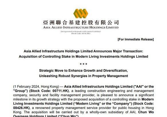 Asia Allied Infrastructure Holdings Limited Announces Major Transaction: Acquisition of Controlling Stake in Modern Living Investments Holdings Limited